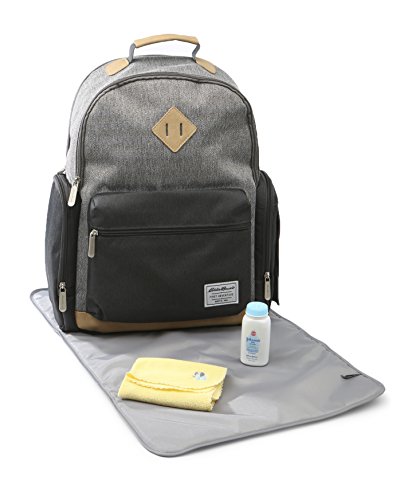 Eddie Bauer Places & Spaces Bridgeport Diaper Bag Backpack, Cooler Bottle Pockets and Changing Pad Included, Light Grey and Tan