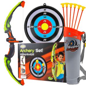 toysery kids bow and arrow set with led flash lights, toy bow and arrow for kids 8-12 years old - toy bow and arrow set for boys and girls, includes archery bow, 6 archery arrows, target, quiver green