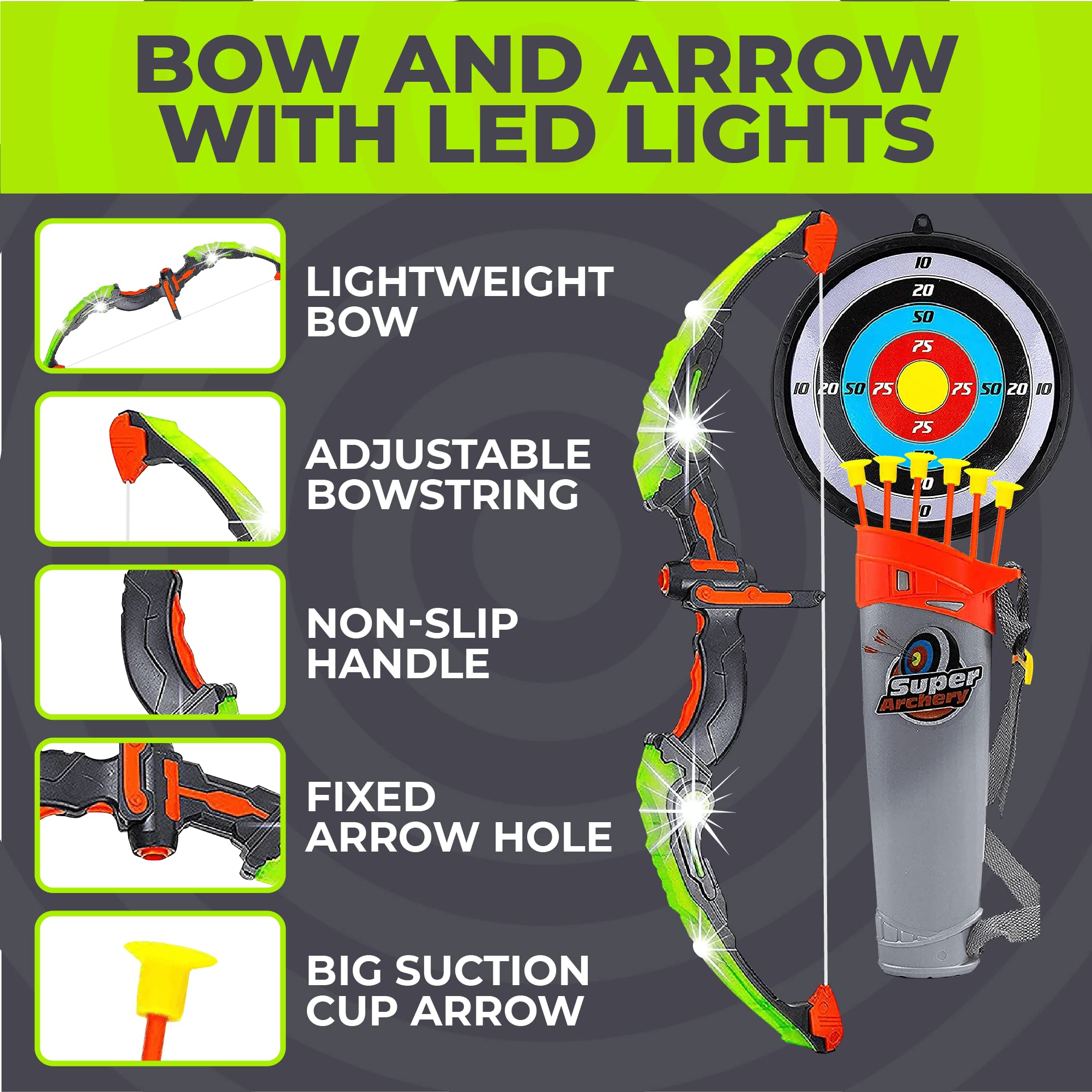 Toysery Kids Bow and Arrow Set with LED Flash Lights, Toy Bow and Arrow for Kids 8-12 Years Old - Toy Bow and Arrow Set for Boys and Girls, Includes Archery Bow, 6 Archery Arrows, Target, Quiver Green