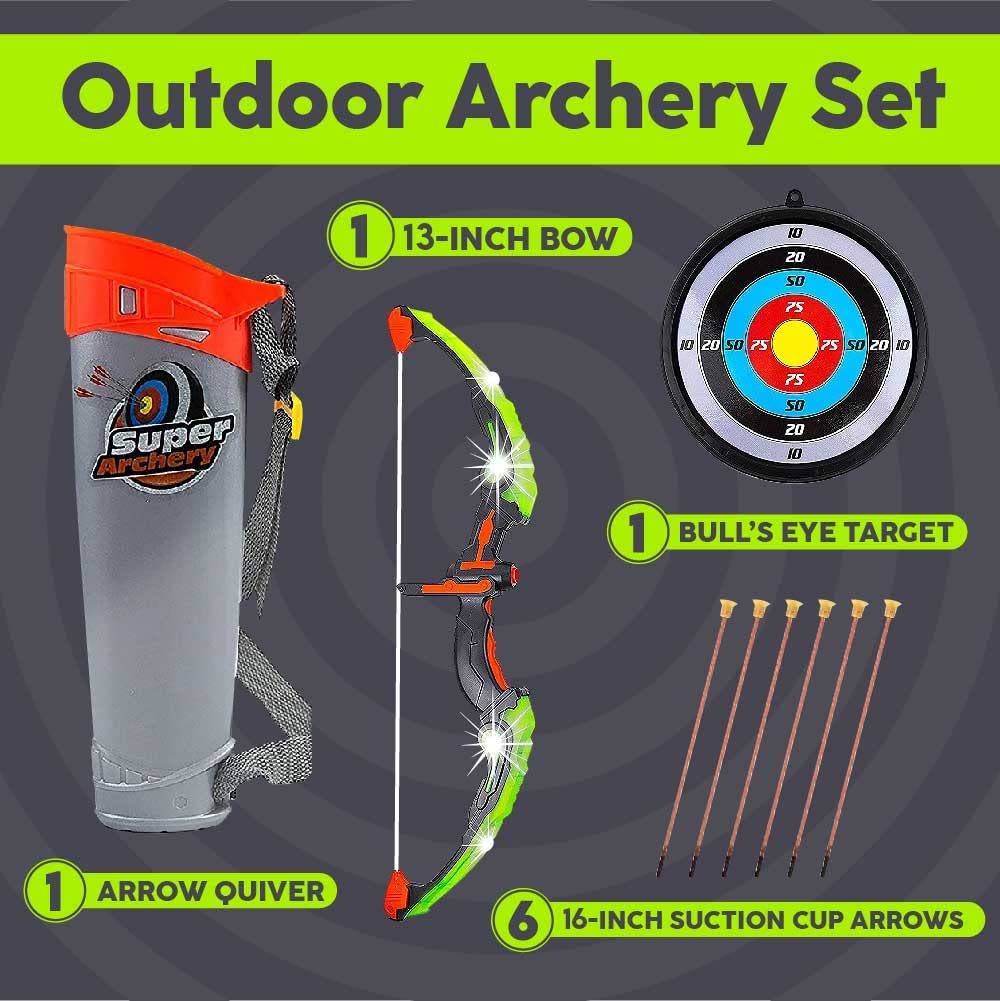 Toysery Kids Bow and Arrow Set with LED Flash Lights, Toy Bow and Arrow for Kids 8-12 Years Old - Toy Bow and Arrow Set for Boys and Girls, Includes Archery Bow, 6 Archery Arrows, Target, Quiver Green