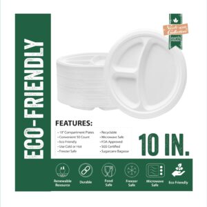 Nicole Home Collection Compostable Heavy Duty 10" Disposable Compartment Paper Plates 100% Bagasse Biodegradable Eco-Friendly Natural Sugarcane 50 Count