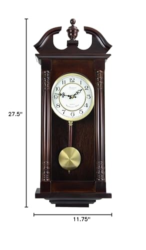 Bedford Clock Collection Classic Chiming Wall Clock with Swinging Pendulum in Cherry Oak Finish, 4.75" L x 11.75" W x 27.50" H