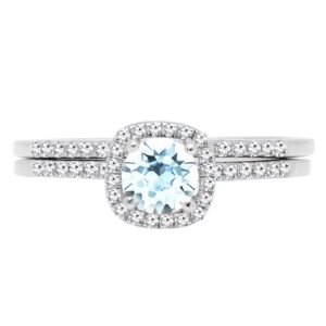 Dazzlingrock Collection 5 MM Round Aquamarine & Diamond Halo Wedding Ring Set in 14K White Gold, Size 7