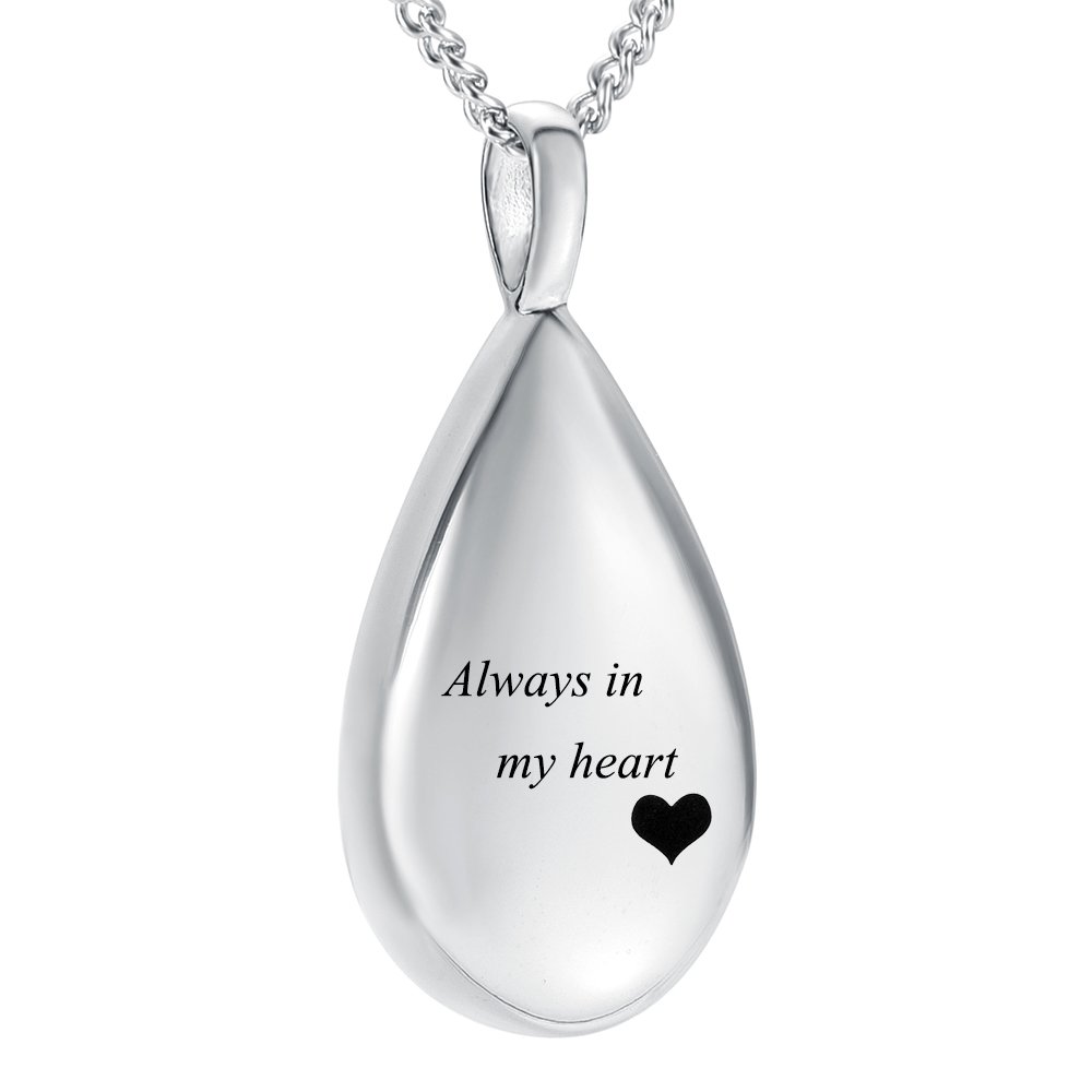 Carved Teardrop Keepsake Ashes Necklace Urn Pendant Cremation Memorial Jewelry Always in my heart