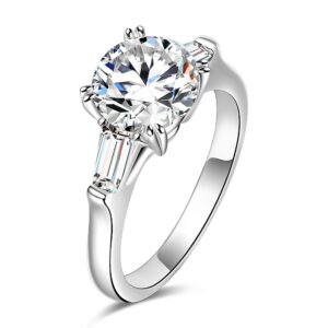 Sterling Silver 2 Carat CZ Baguette Round Solitaire Engagement Ring Bridal Wedding Jewelry