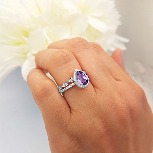 Dazzlingrock Collection 9X6 MM Pear Amethyst & Round Diamond Ladies Halo Teardrop Wedding Ring Set in 14K White Gold, Size 7