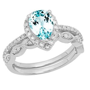 dazzlingrock collection 9x6 mm pear aquamarine & round diamond ladies halo teardrop wedding ring set in 14k white gold, size 5.5