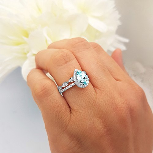 Dazzlingrock Collection 9X6 MM Pear Aquamarine & Round Diamond Ladies Halo Teardrop Wedding Ring Set in 14K White Gold, Size 5.5