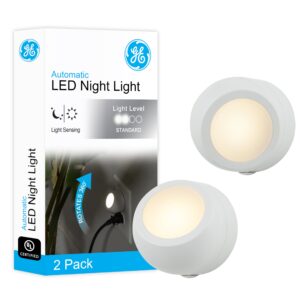 ge rotating led night light, plug-in, 360° directional, dusk-to-dawn sensor, ul-certified, energy efficient, ideal for bedroom, bathroom, stairs, hallway, 31533, 2 pack, white, 2 count