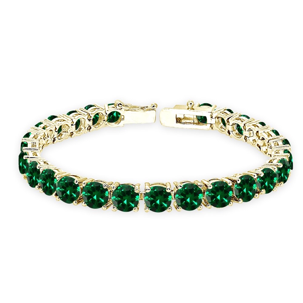 B. BRILLIANT Yellow Gold Flashed Sterling Silver 6mm Round-cut Simulated Emerald Tennis Bracelet