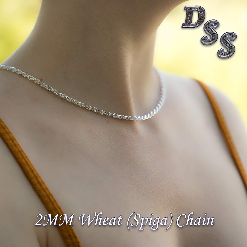 925 Sterling Silver Wheat Chain 1.5mm - Italian Spiga Sterling Silver Necklace Chain with Lobster Claw Clasp, Nickel Free 925 Silver Chain Necklace in lengths from 16-30 Inches