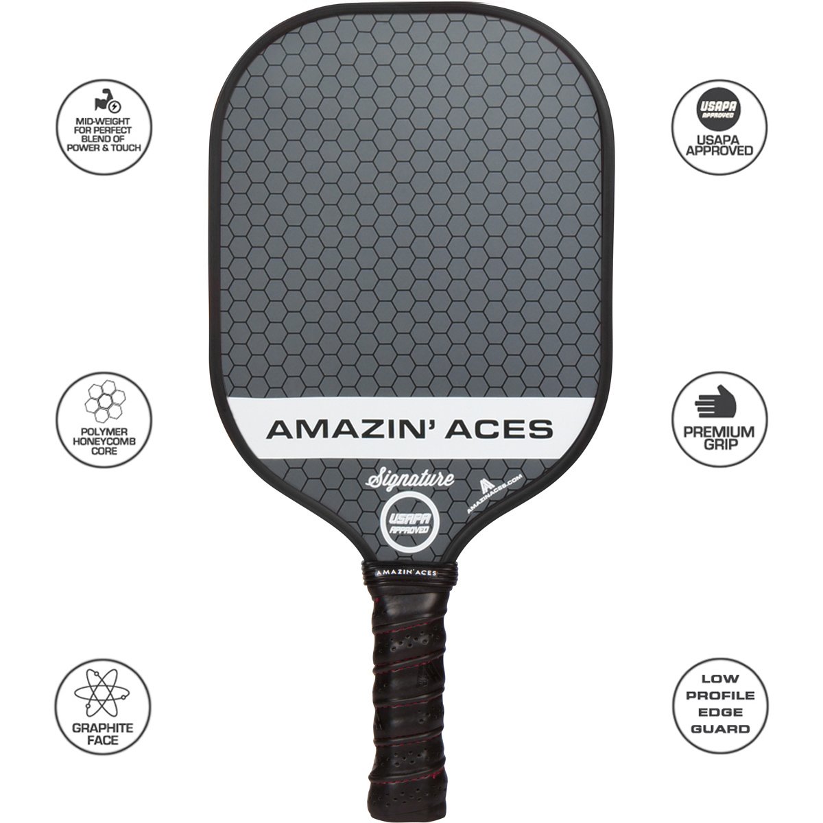 Amazin' Aces Signature Pickleball Single Paddle Blue - 1 USAPA-Approved Pickleball Racket with Graphite Face & Polymer Honeycomb Core, 1 Paddle Cover & 1 Carry Bag