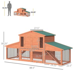 PawHut 89" L Outdoor Rabbit Hutch, Guinea Pig Cage Indoor Outdoor Wooden Bunny Hutch with Double Runs, Weatherproof Roof, Removable Tray, Ramps, Natural