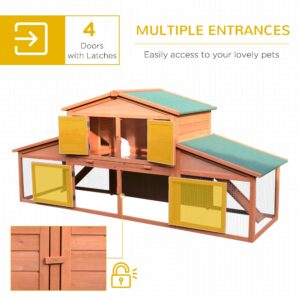 PawHut 89" L Outdoor Rabbit Hutch, Guinea Pig Cage Indoor Outdoor Wooden Bunny Hutch with Double Runs, Weatherproof Roof, Removable Tray, Ramps, Natural