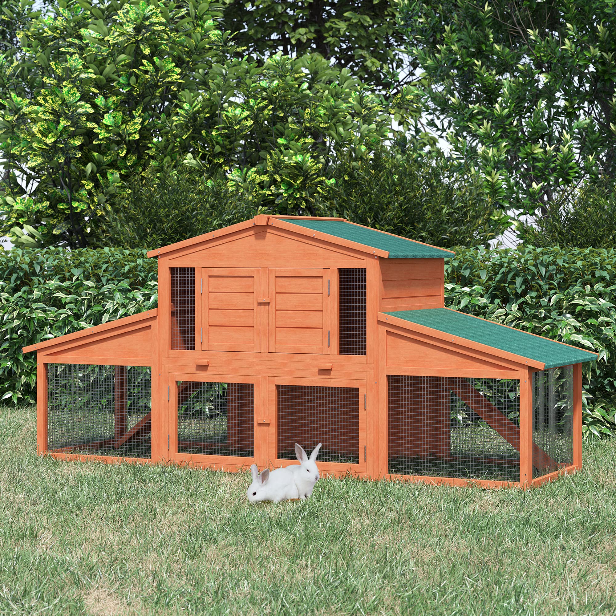 PawHut 89" L Outdoor Rabbit Hutch, Guinea Pig Cage Indoor Outdoor Wooden Bunny Hutch with Double Runs, Weatherproof Roof, Removable Tray, Ramps, Natural