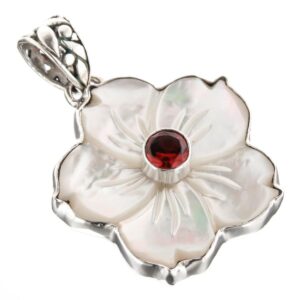 White Mother of Pearl Flower Shell Garnet 925 Sterling Silver Pendant, 1 7/16"