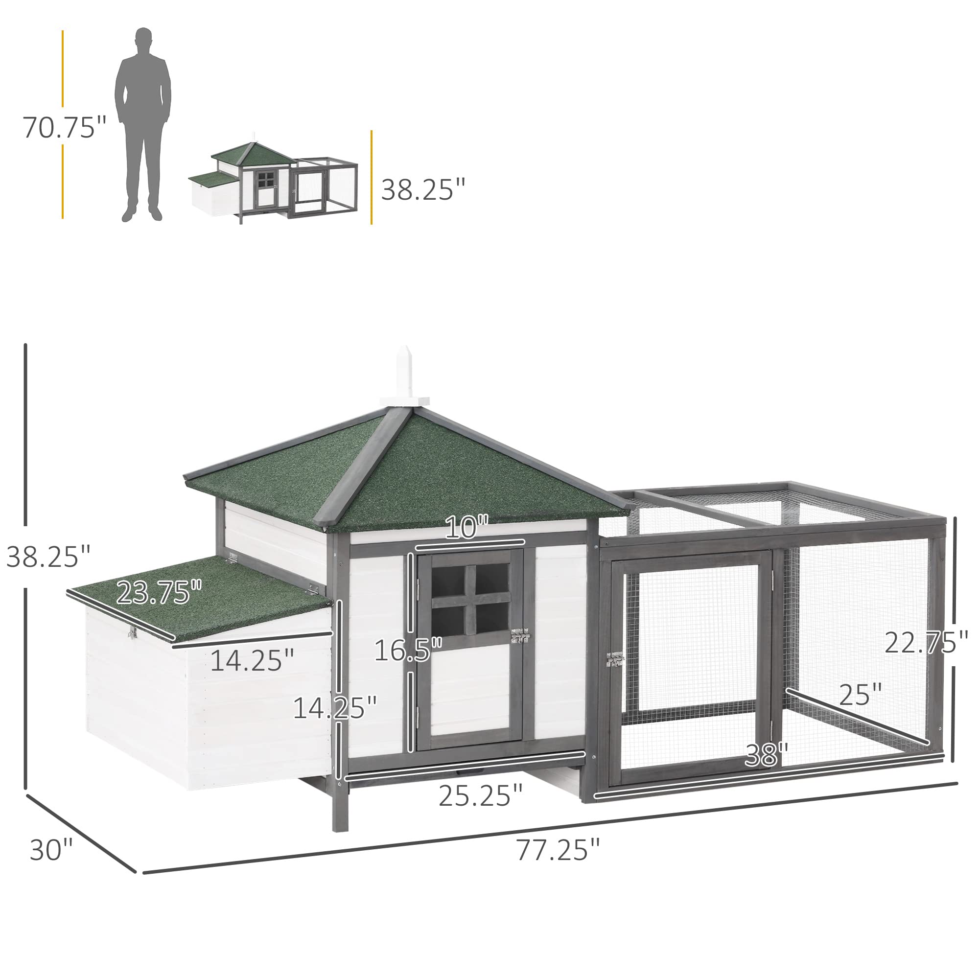 PawHut 77" Wooden Chicken Coop with Nesting Box, Cute Outdoor Hen House with Removable Tray, Ramp Run, for Garden Backyard, Gray