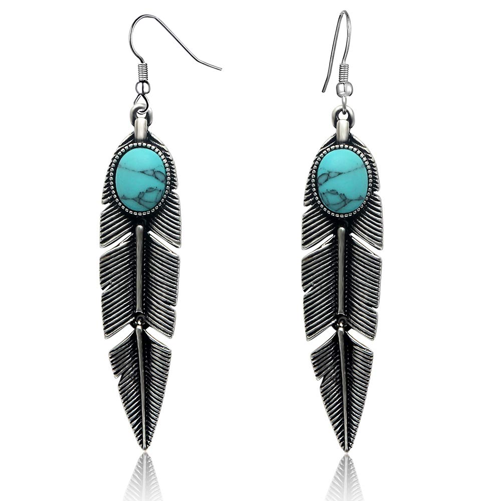 XZP Women's Created-Turquoise Earrings Bohemian Compressed-Turquoise Jewelry Mother Gifts Pendant Metal Tribal Feather Tibetan Dangle Drop Earrings for Women