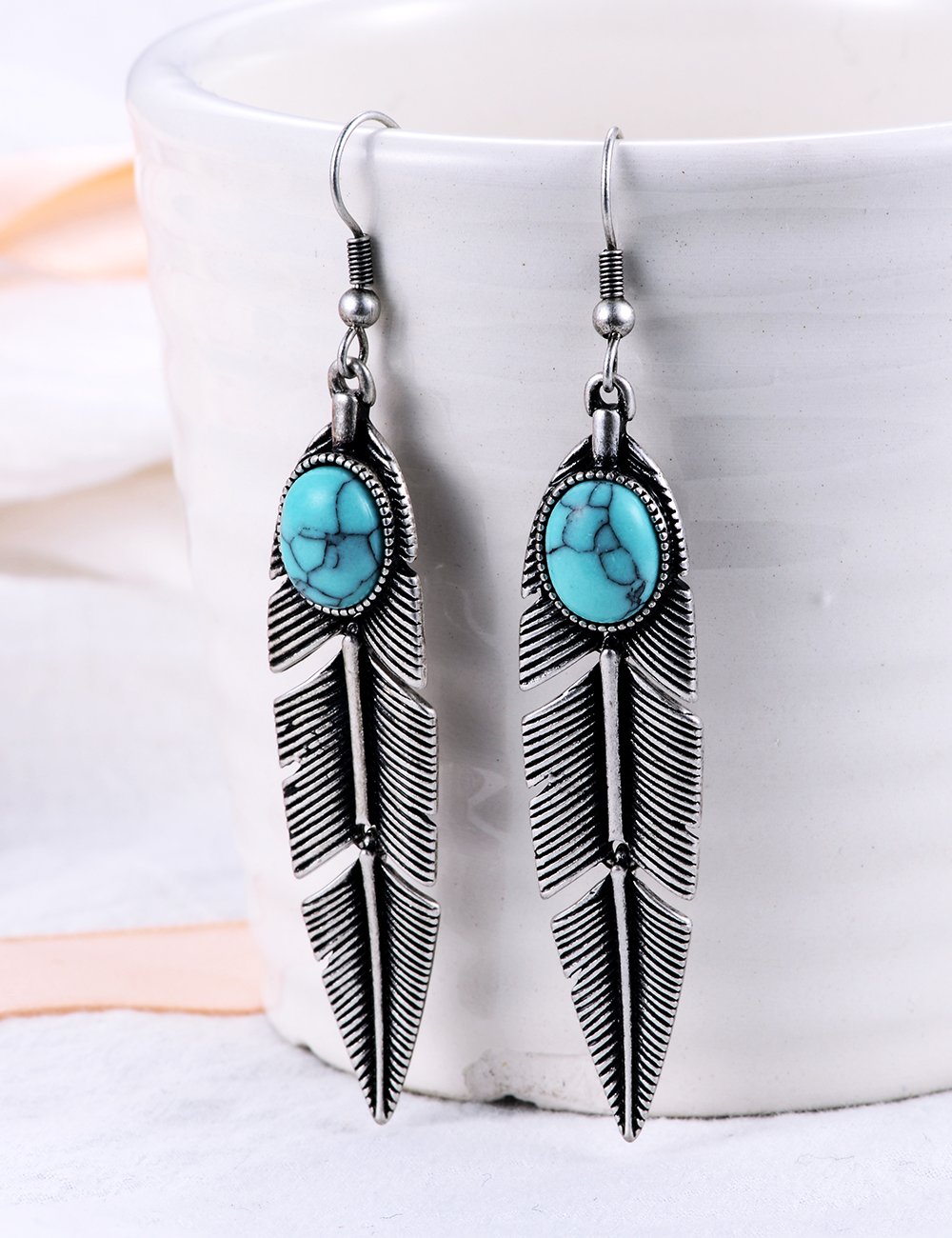 XZP Women's Created-Turquoise Earrings Bohemian Compressed-Turquoise Jewelry Mother Gifts Pendant Metal Tribal Feather Tibetan Dangle Drop Earrings for Women