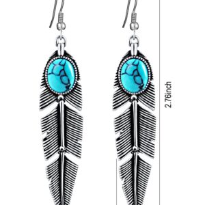 XZP Women's Created-Turquoise Earrings Bohemian Compressed-Turquoise Jewelry Mother Gifts Pendant Metal Tribal Feather Tibetan Dangle Drop Earrings for Women