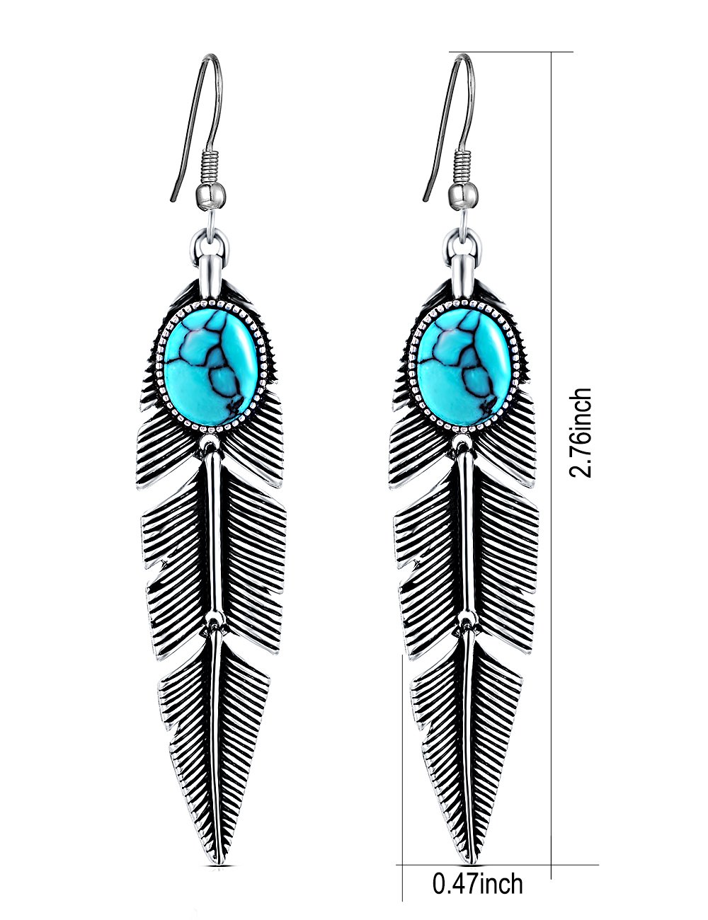 XZP Women's Created-Turquoise Earrings Bohemian Compressed-Turquoise Jewelry Mother Gifts Pendant Metal Tribal Feather Tibetan Dangle Drop Earrings for Women