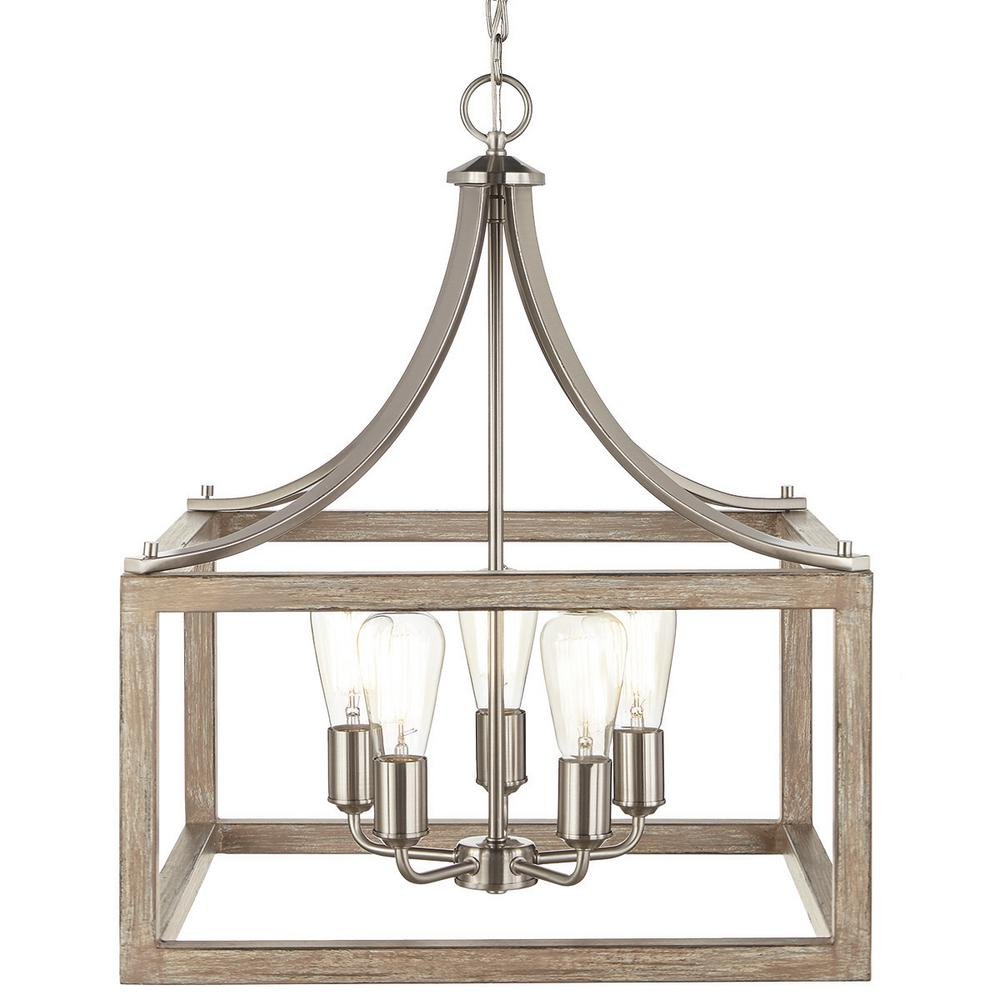 Home Decorators Collection Boswell Quarter Collection 5-Light Brushed Nickel Pendant with Painted Weathered Gray Wood Accents