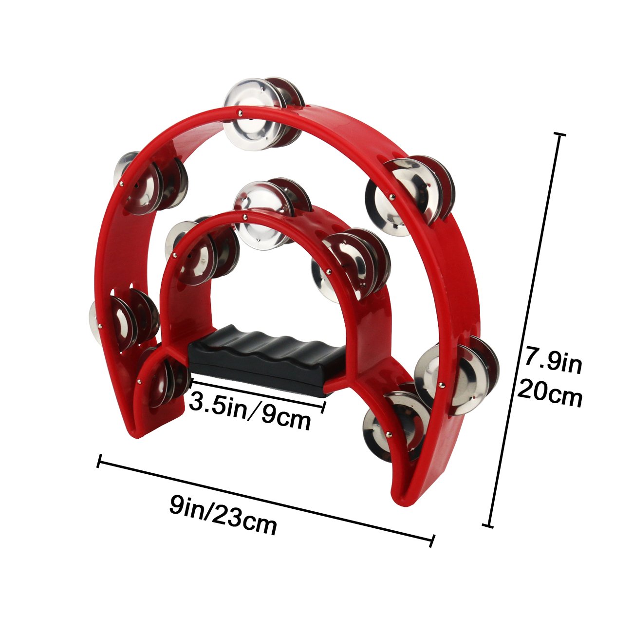 Ogrmar Double Row Handled Tambourine Metal Jingles Hand Held Percussion Drum with Ergonomic Handle Grip for Gift KTV/Party/Kids Toy (Red)