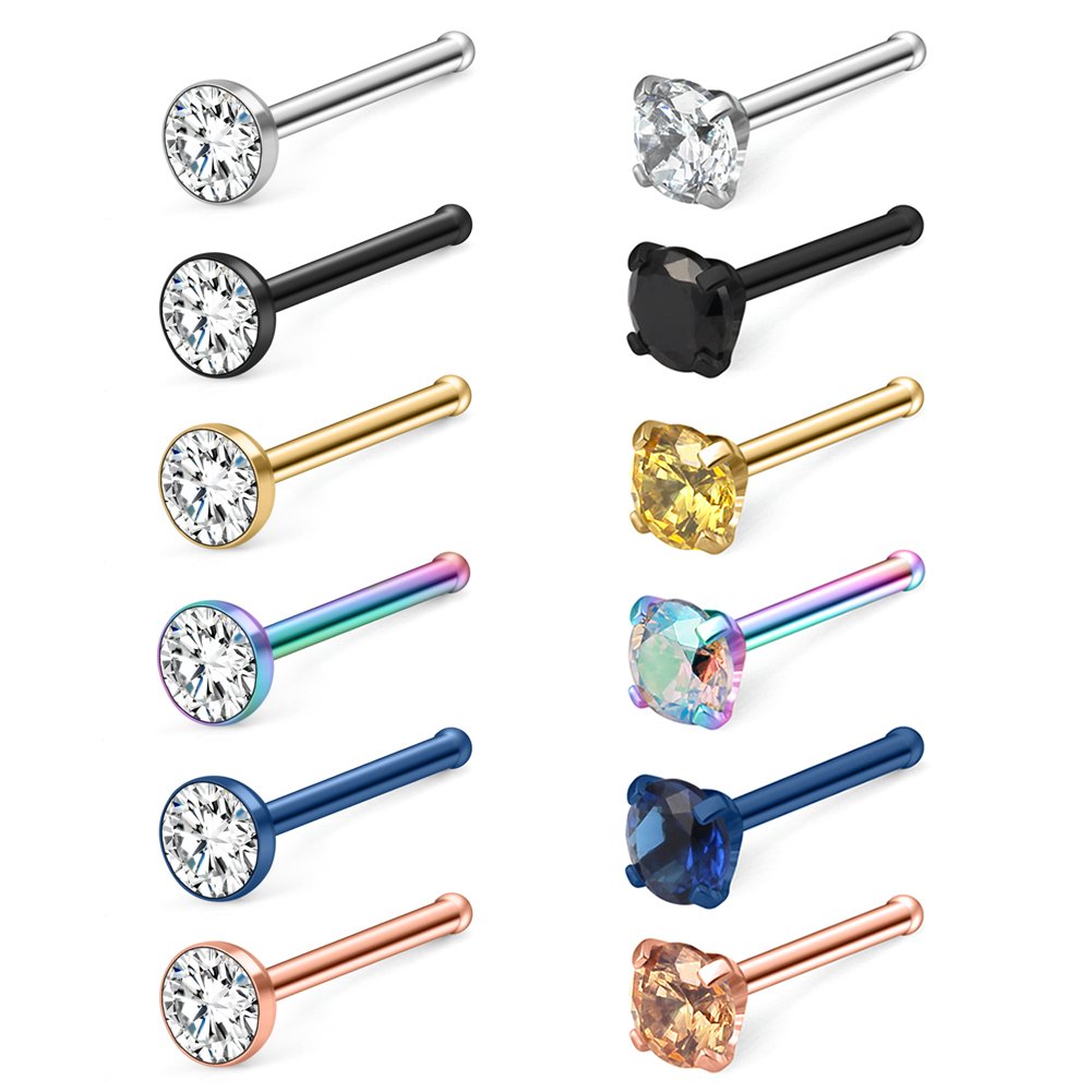 Ruifan 12PCS 18G Mix Color Stainless Steel Clear Diamond CZ Nose Bone Studs Rings Pin Piercing Jewelry 3mm