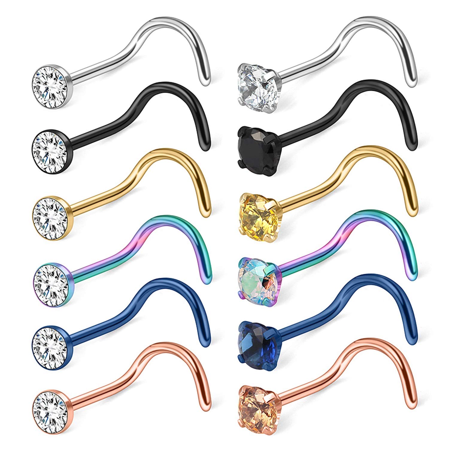 Ruifan 12PCS 18G Mix Color Stainless Steel Clear Diamond CZ Nose Studs Rings Screw Bend Piercing Jewelry 3mm