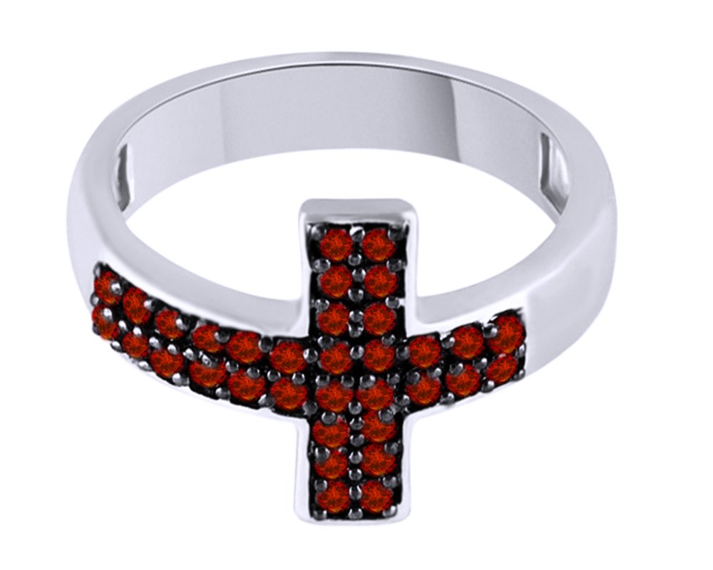 AFFY 0.58 Ct Simulated Round Garnet Cross Ring in 14k White Gold Over Sterling Silver Ring Size : 7