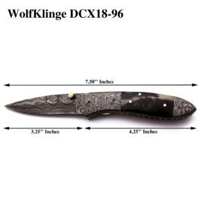 WolfKlinge Handmade Damascus Steel Pocket,FoldingKnife Bowie for Hunting,Survival,Camping,Bushcraft and Fishing -Fixed Blade Dagger with Folding Full Tang-Micarta Handle with Cowhide-Leather Sheath-DCX 21 -96