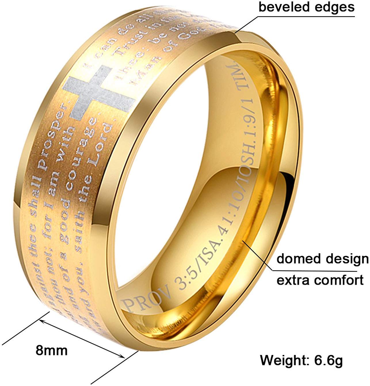 Rinspyre 8MM Gold Stainless Steel Cross Rings for Women Bible Verse Philippians 4:13 Jewelry Wedding Bands Size 11