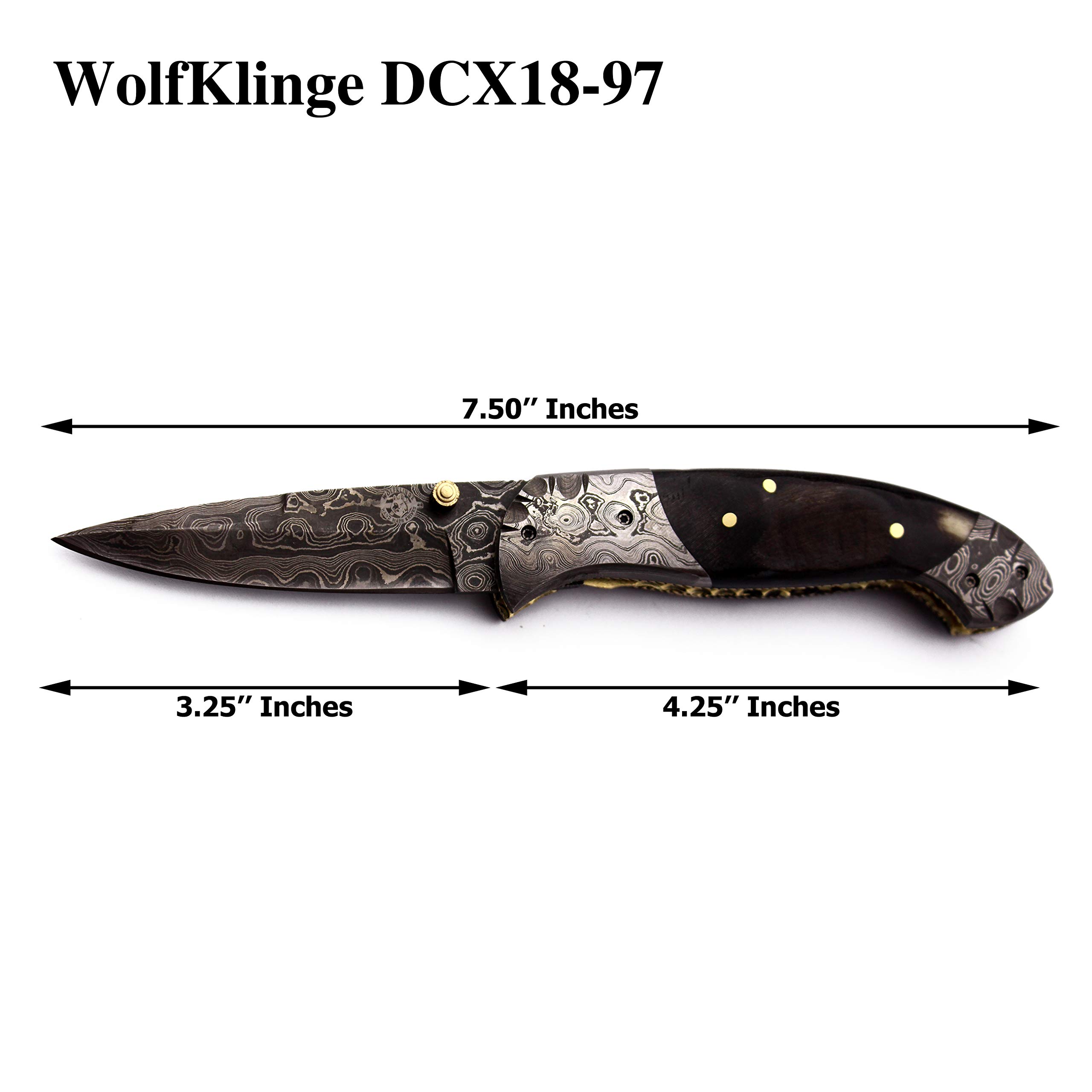 WolfKlinge Handmade Damascus Folding Pocket Bowie Knife For EDC,Hunting,Survival,CampingBushcrfat,Skinning and Fishing with Full Tang Micarta and Cowhide-Leather Sheath For-Men and Women-(DCF97 - Fireball)