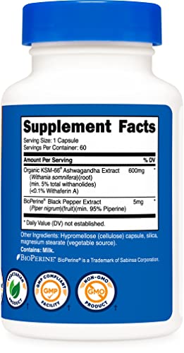 Nutricost KSM-66 Ashwagandha Root Extract 600mg, 60 Veggie Caps - 5% Withanolides - with BioPerine - Full-Spectrum Root Extract