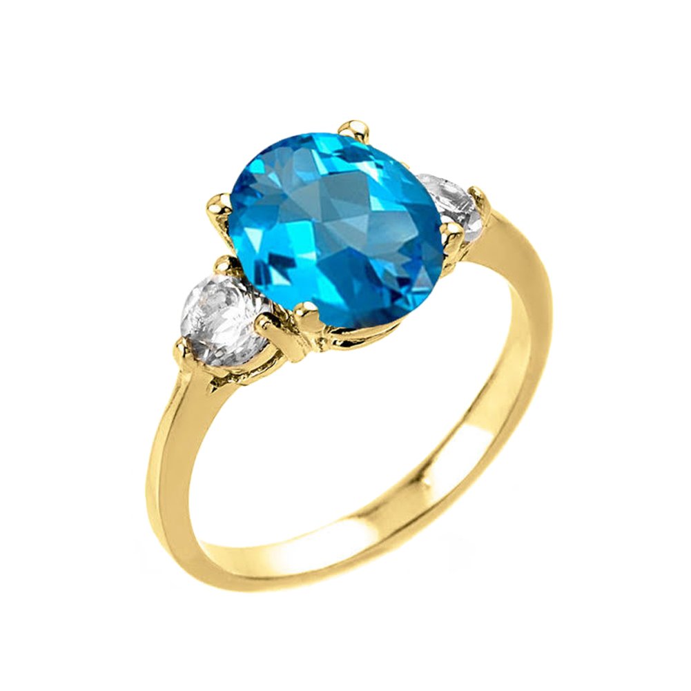 Elegant 10k Yellow Gold Oval Shape Blue Topaz with White Topaz 3-Stone Engagement Ring (Size 5.5)