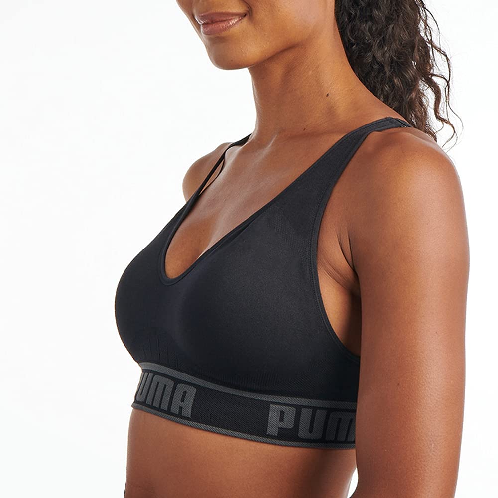 PUMA Women's Seamless Sports Bra, Black/Grey, Large