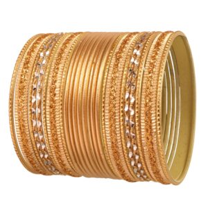 Touchstone "Colorful 2 Dozen Bangle Collection" Indian Bollywood Alloy Metal Textured Golden Designer Jewelry Special Large Size Bangle Bracelets. Set Of 24. In Antique Gold Tone For Women.