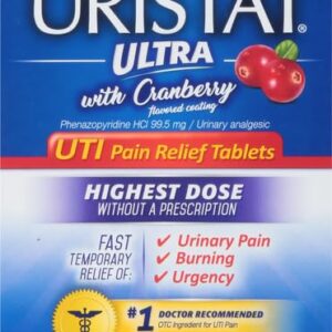 Uristat Ultra UTI Pain Relief Tablets, Fast Urinary Tract Infection Relief of Urinary Pain, Burning, Urgency, Maximum Strength, Cranberry Flavored Coating, 30 Tablets