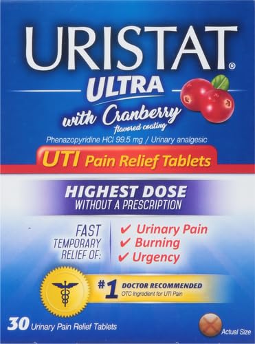 Uristat Ultra UTI Pain Relief Tablets, Fast Urinary Tract Infection Relief of Urinary Pain, Burning, Urgency, Maximum Strength, Cranberry Flavored Coating, 30 Tablets