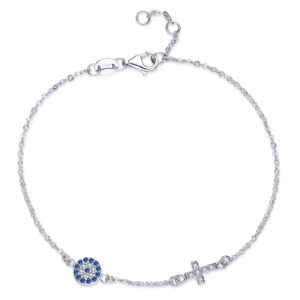 tongzhe blue evil eye cross link bracelet in sterling silver 925 with cz adjustable 6.2"/6.6"/7" cable chain