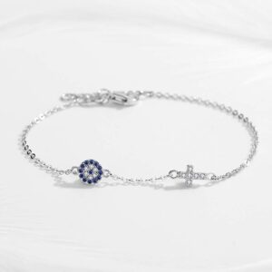 TONGZHE Blue Evil Eye Cross Link Bracelet in Sterling Silver 925 with CZ Adjustable 6.2"/6.6"/7" Cable Chain