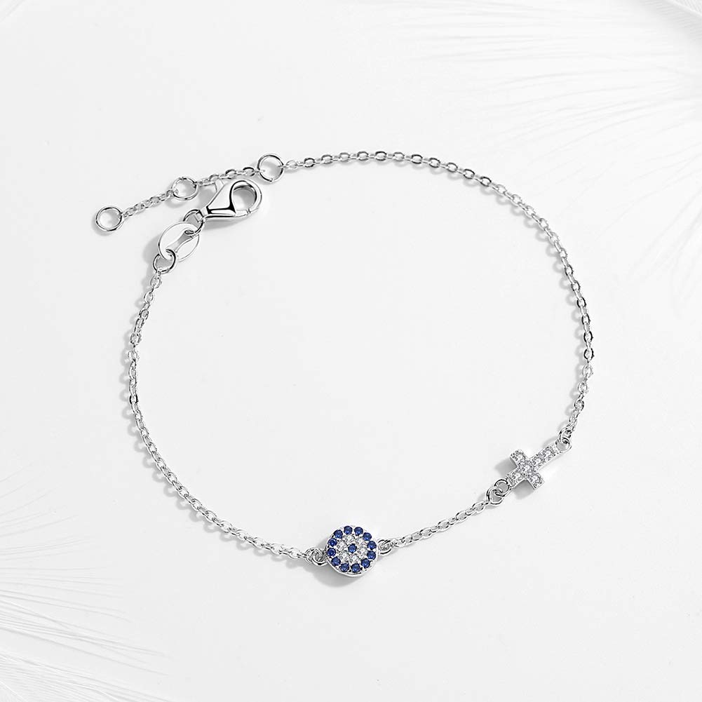 TONGZHE Blue Evil Eye Cross Link Bracelet in Sterling Silver 925 with CZ Adjustable 6.2"/6.6"/7" Cable Chain