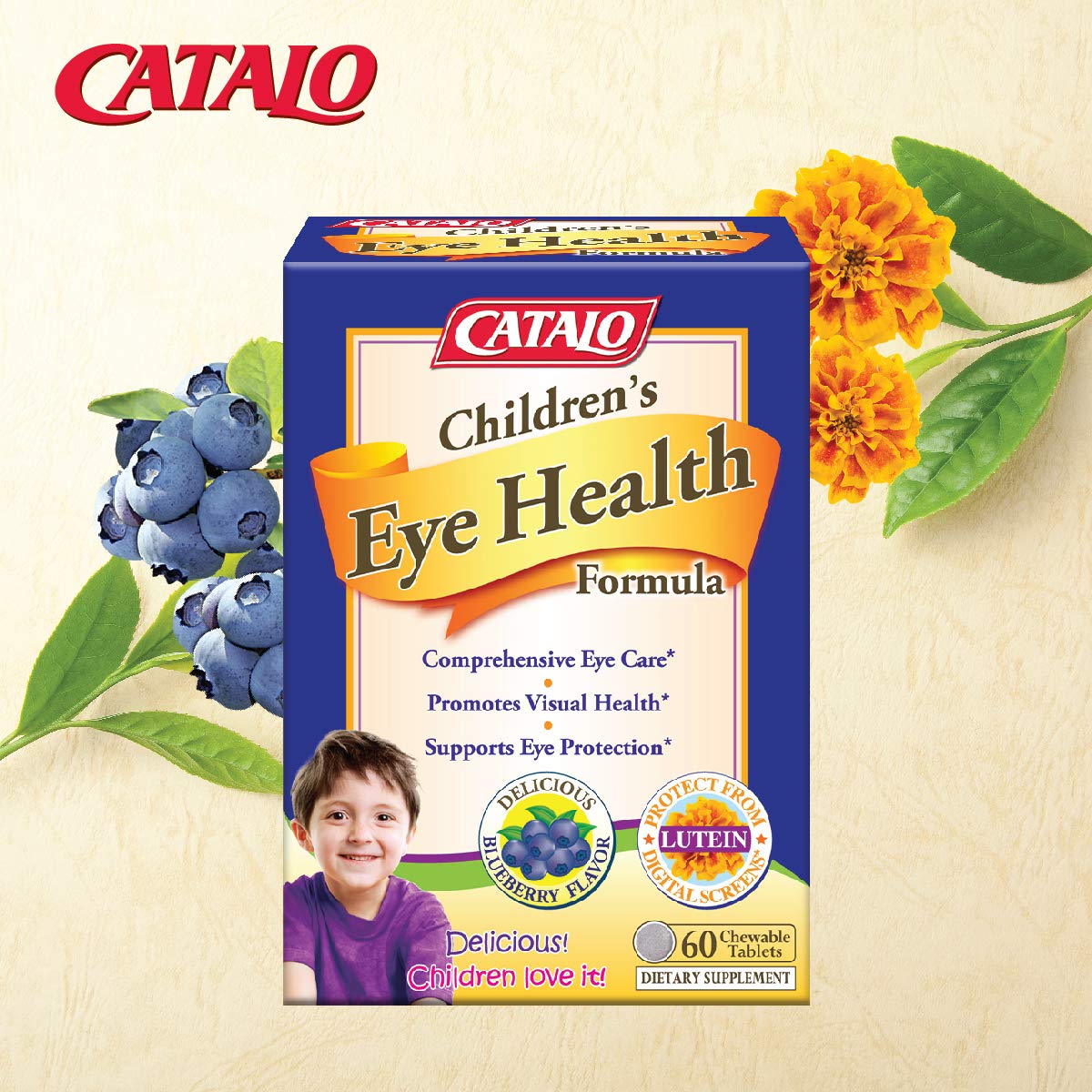 CATALO Children's Eye Health Formula - Vision Support with European Bilberry Extracts, Eyebright Extracts, Lycopene, Lutein & Zeaxanthin, Taurine, Zinc, 60 Blueberry Flavor Chewable Tablets