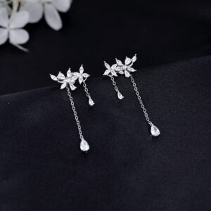 SLUYNZ 925 Sterling Silver CZ Flowers Wrap Earrings Dangle Chain for Women Elegant Bridal Earrings Wedding Engagement Drop Earrings (A-Silver)