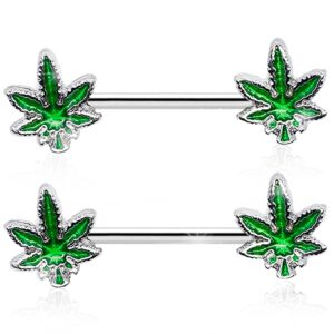 Pierce2GO 14G Nipple Piercing Surgical Stainless-Steel Set of 2 Barbell Marijuana Weed Cute Nipple Rings Nipple Piercing Jewelry for Women - 9/16" Barbell