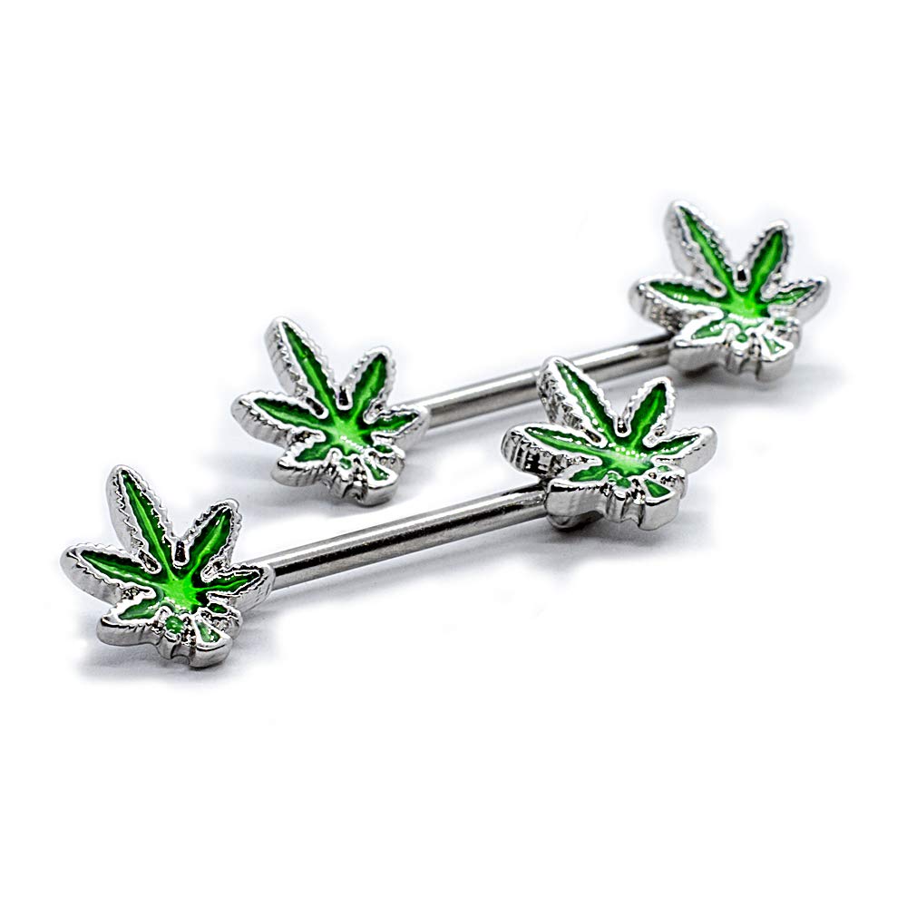 Pierce2GO 14G Nipple Piercing Surgical Stainless-Steel Set of 2 Barbell Marijuana Weed Cute Nipple Rings Nipple Piercing Jewelry for Women - 9/16" Barbell