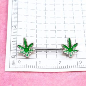 Pierce2GO 14G Nipple Piercing Surgical Stainless-Steel Set of 2 Barbell Marijuana Weed Cute Nipple Rings Nipple Piercing Jewelry for Women - 9/16" Barbell