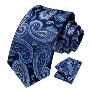 HISDERN Ties for Men Blue Paisley Ties for Men and Pocket Square Set Formal Navy Blue Mens Ties Handkerchiefs Satin Neckties for Wedding Party