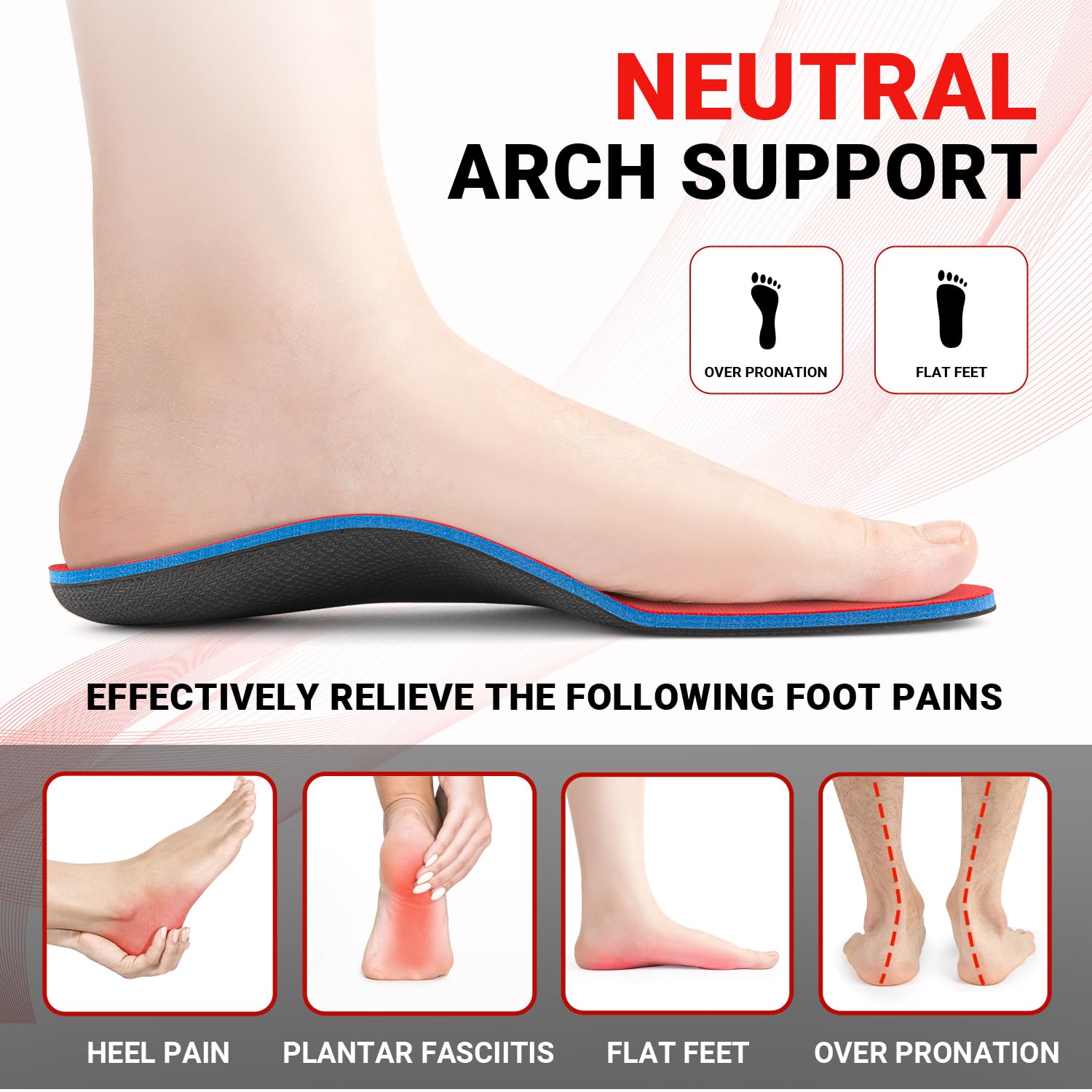 PCSsole Orthotic Arch Support Shoe Inserts Insoles for Flat Feet,Feet Pain,Plantar Fasciitis,Insoles for Men and Women Red