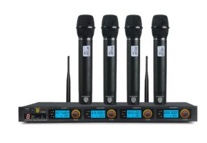 proreck mx44 4-channel uhf wireless microphone system with 4 hand-held microphones karaoke machine for party/wedding/church/conference/speech